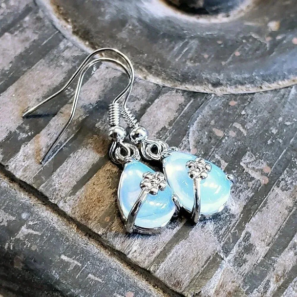 Little Teardrop Opalite Gemstone Platinum Plate Lightweight Handcrafted Earrings - Picture 1 of 10
